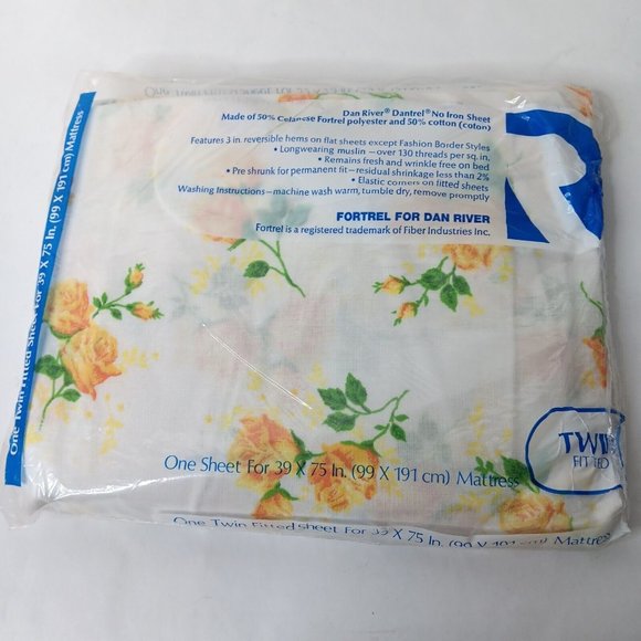 NOS Vintage Dan River Twin Fitted Sheet White Yellow Roses No Iron Fortrel NEW - Picture 2 of 6
